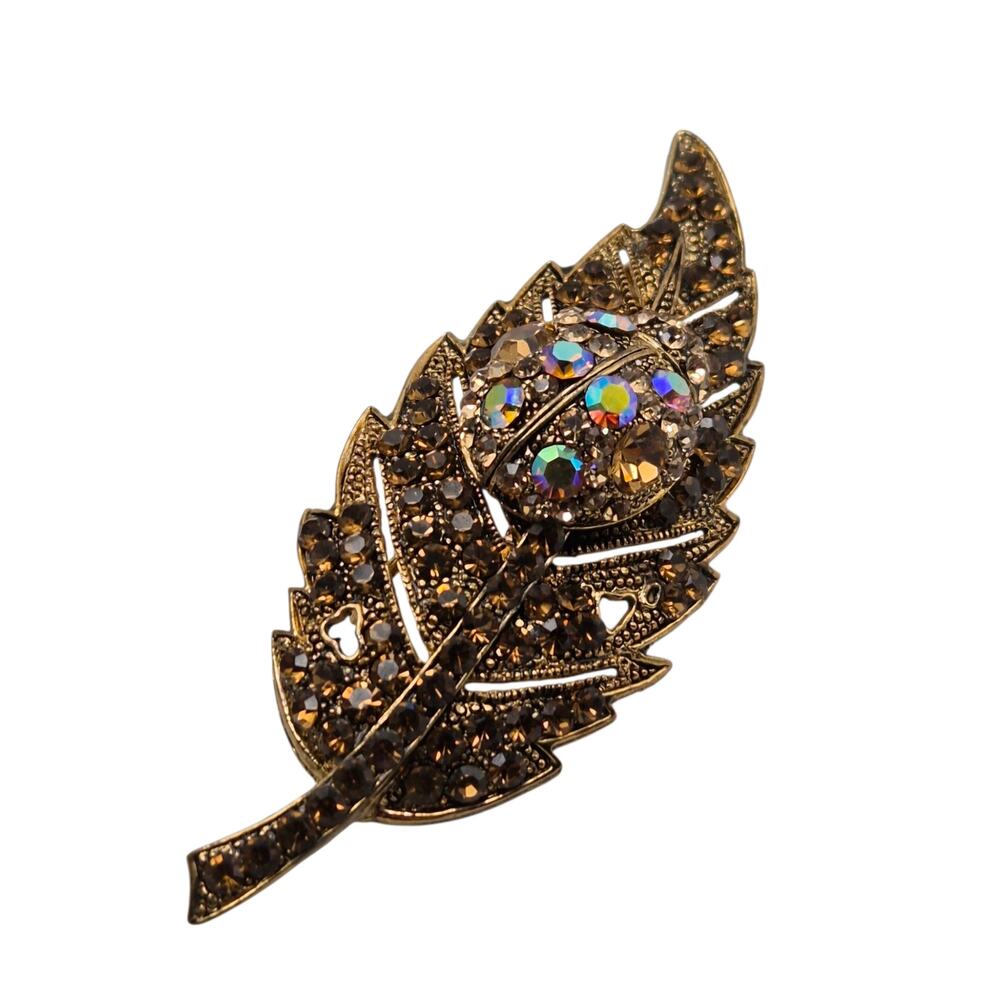 Vintage Rhinestone Leaf Brooch AB Brown Gold Tone Statement Pin